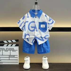 Boys White and Blue Stripe Print Shirt and Shorts Set