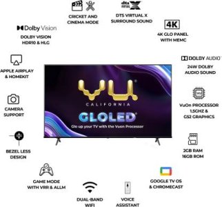 Vu 139 cm (55 inch) Ultra HD (4K) LED Smart Google TV with VuOn 1.5 Processor I Perfect Phone Partner I 2-Way Bluetooth I Camera Support for Video Conferencing I Cricket Mode & Cinema Mode I WiFi Remote Control I Dolby Vision I 24W DTS Virtual X Sound I Game Dashboard I Blue Light Protection (2024 edition)  (55GLOLED25)